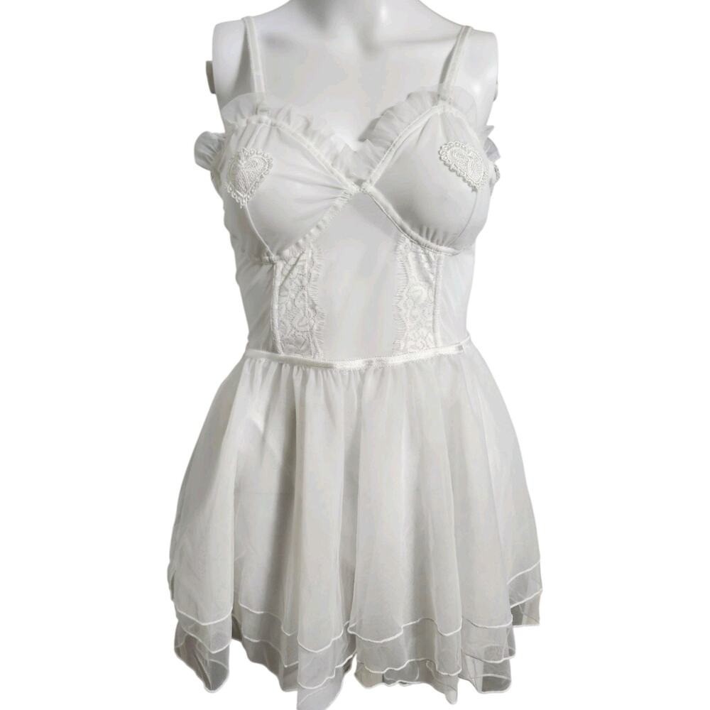 NWT MeMoi Olivia Tiered Babydoll &‎ G-String Set Large White Coquette Bridal